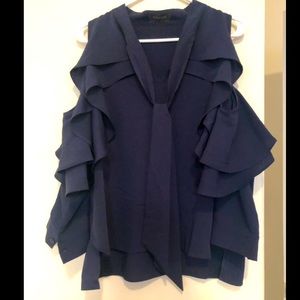 Ruffled Cold Shoulder Navy Blue Blouse!